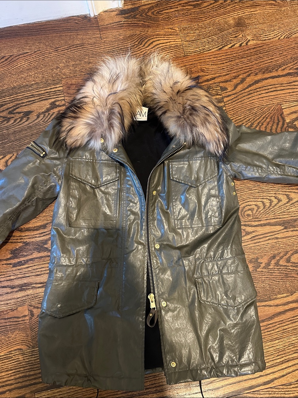 SAM Women’s Olive Green Parka Coat with Fur-Trim Hood